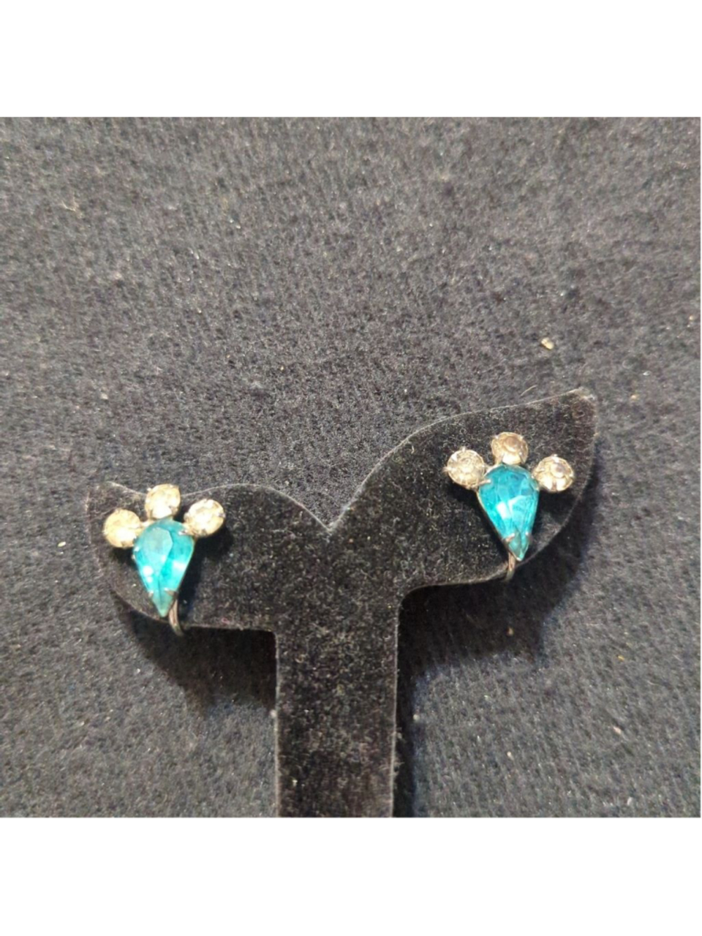 Vintage Teal Blue Green and Clear Rhinestone Screw Back Clip On Earrings